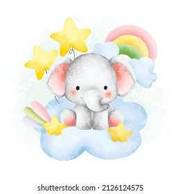 Watercolor cute baby elephant sitting on the cloud
