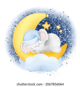 Watercolor cute baby elephant sleeping on the moon 