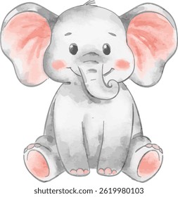 Watercolor Cute baby elephant. Suited for prints, birthday, baby shower, nursery decorations, card invitation.
