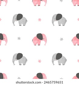 Watercolor cute baby elephants pattern. Vector simple seamless background for kids