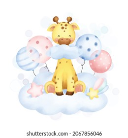 Watercolor cute baby giraffe sitting on the cloud 