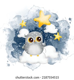 Watercolor cute baby owl and stars 