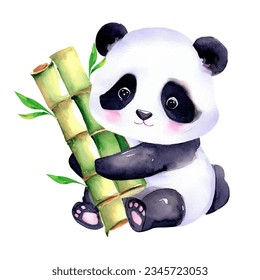 	
Watercolor Cute Baby Panda with Bamboo Clipart