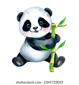 	
Watercolor Cute Baby Panda with Bamboo Clipart