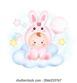 Watercolor cute baby rabbit character sitting on the cloud 