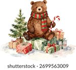 Watercolor Cute Bear with Candy Cane Surrounded by Christmas Presents Illustration