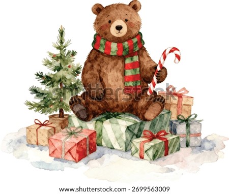Watercolor Cute Bear with Candy Cane Surrounded by Christmas Presents Illustration
