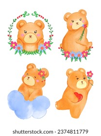 Watercolor cute Bear cartoon charactor design collection with different on with background.vector illustration