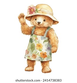 Watercolor Cute Bear Say Hi With Flower Hat and Flower JumpSuit Concept