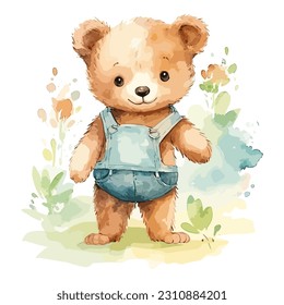 Watercolor Cute Bear Wearing Farm Jump Suit Standing Adorable In Flower Hill Concept