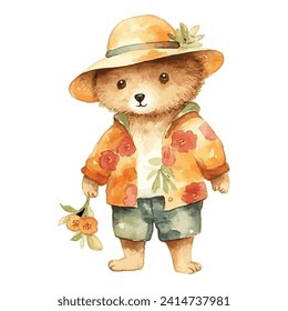 Watercolor Cute Bear Wearing Flower Hat And Orange Shirt Unbottoned Hold Flower Concept