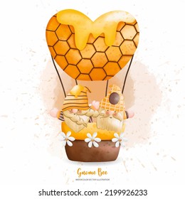 Watercolor Cute Bee Gnome with honey balloon, Digital paint watercolor illustration
