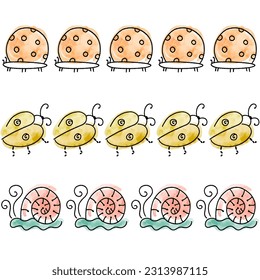 Watercolor Cute Beetles and Snails Vector Seamless Horizontal Borders Set
