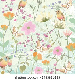 Watercolor cute bird and butterfly in flower garden on abstract background