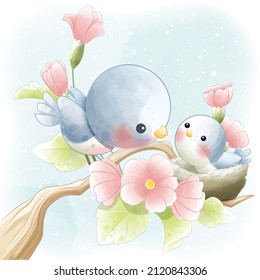 Watercolor cute birds sitting on the branch Illustration Isolated on background