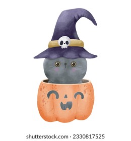 Watercolor cute black cat in pumpkin happy Halloween party vector illustration on white background 
