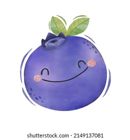 Watercolor Cute Blueberry Cartoon Character.