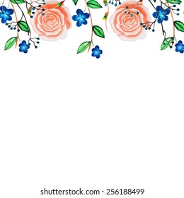 Watercolor cute border with blue romantic flowers, roses. Hand drawn vintage vector illustration.