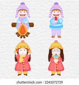 watercolor cute boy and girl winter element collection set