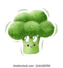 Watercolor cute broccoli cartoon character. Vector illustration.