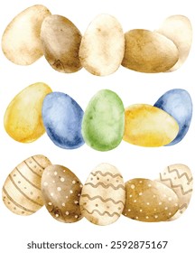 watercolor cute brown bunny with a bow, surrounded by colorful Easter eggs and blooming flowers