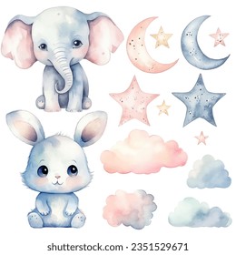 Watercolor cute bunny and elephant set. Vector clip art image with hand drawn nursery elements, wall stickers.