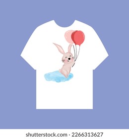 watercolor cute bunny flying with lots of balloons