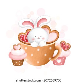 Watercolor cute bunny rabbit in a cup 