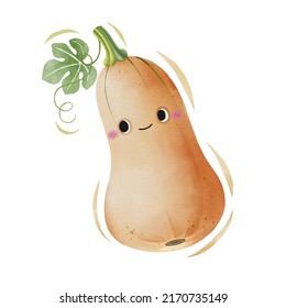 Watercolor cute butternut cartoon character. Vector illustration.