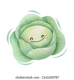 Watercolor cute cabbage cartoon character. Vector illustration.