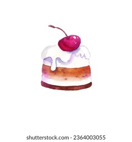 Watercolor cute cake with cherry. Hand-drawn illustration isolated on the white background