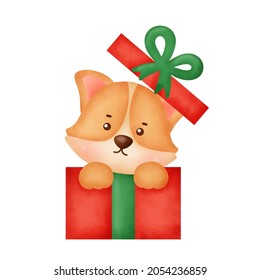  Watercolor Cute Cartoon corgi dog with christmas gift box for Christmas card.