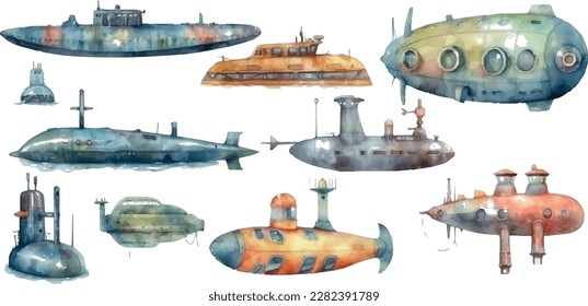 Acuarela linda caricatura de niños submarinos.  ilustración acuarela de un submarino aislado sobre fondo blanco.