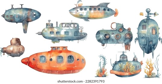 Acuarela linda caricatura de niños submarinos.  ilustración acuarela de un submarino aislado sobre fondo blanco.