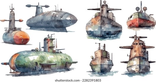 Acuarela linda caricatura de niños submarinos.  ilustración acuarela de un submarino aislado sobre fondo blanco.