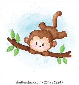 Watercolor Cute cartoon Monkey illustration.