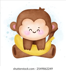 Watercolor Cute cartoon Monkey illustration.