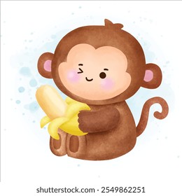 Watercolor Cute cartoon Monkey illustration.