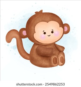 Watercolor Cute cartoon Monkey illustration.