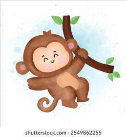 Watercolor Cute cartoon Monkey illustration.