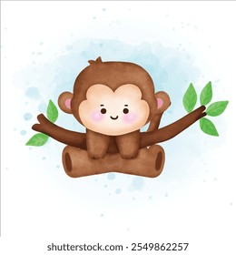 Watercolor Cute cartoon Monkey illustration.