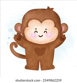 Watercolor Cute cartoon Monkey illustration.