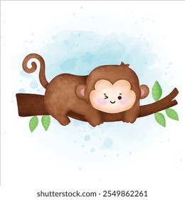 Watercolor Cute cartoon Monkey illustration.