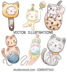 Watercolor cute cat cartoon hand drawn style for print, card, t-shirt, banner and illustration.