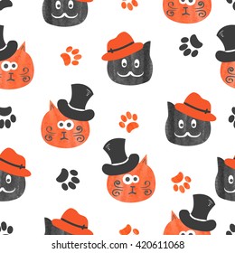 Watercolor cute cats seamless pattern in black and orange. Vector background with funny cats heads. 