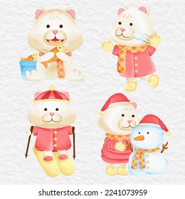 watercolor cute character polar white bear winter element collection set