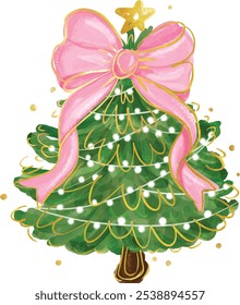 Watercolor Cute Christmas Tree with Big Pink Bow and Lights