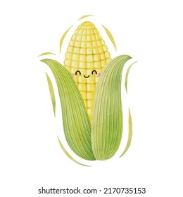 Watercolor Cute Corn Cartoon Character. Vector Illustration.