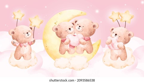 Watercolor cute couple bear set 