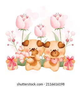 
Watercolor cute couple dog and flowers in the garden 